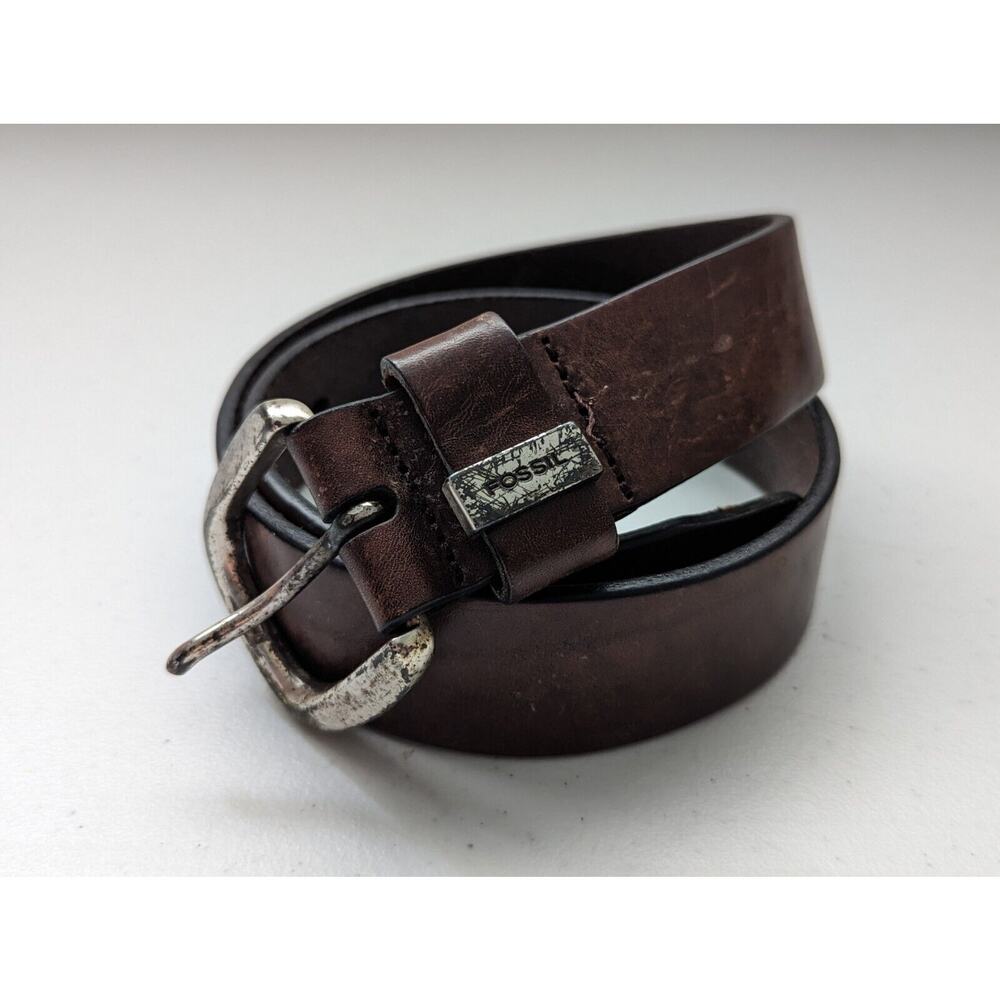 Fossil Brown Leather Belt Silver Buckle Men's Size S Small Pre-Owned Distressed